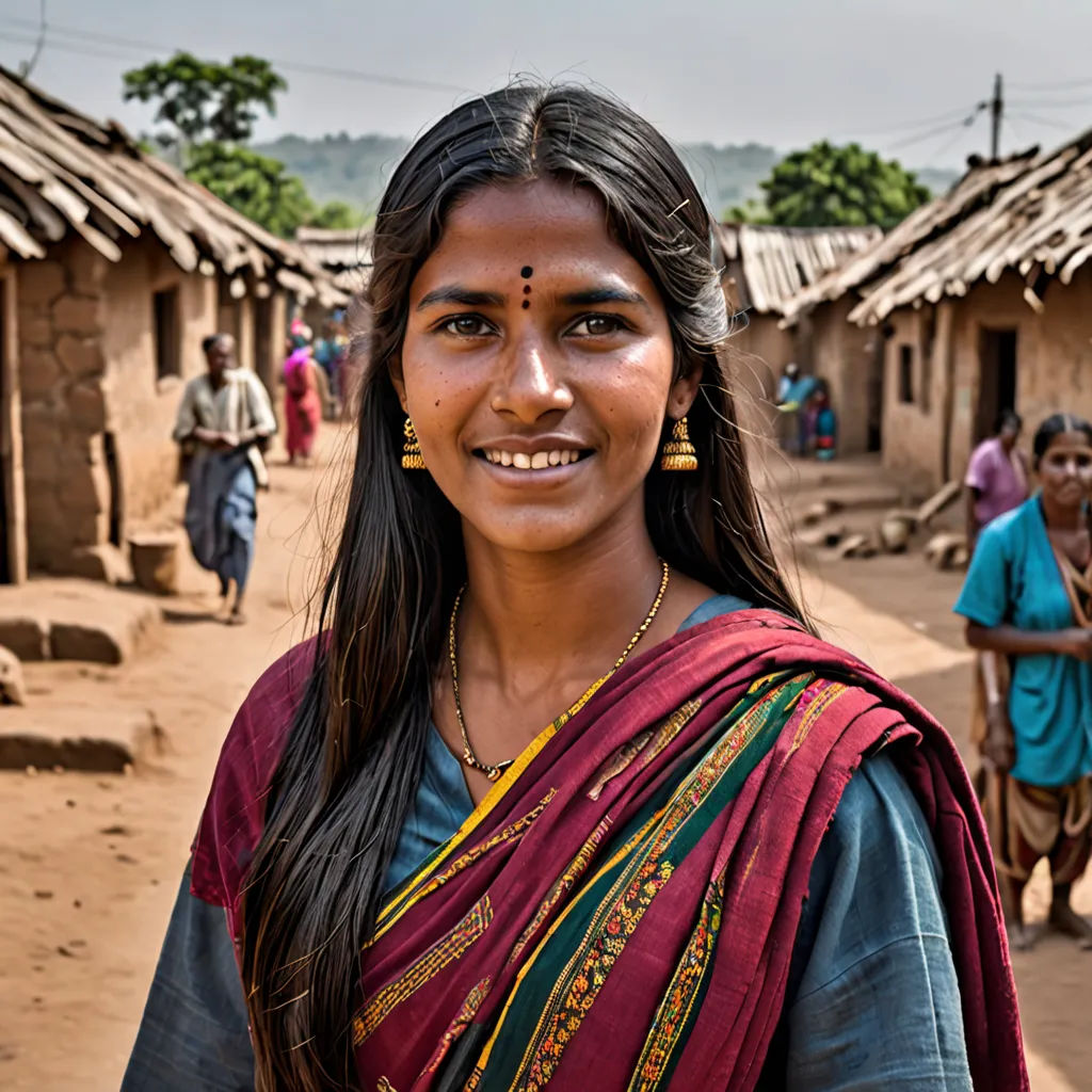 a woman in a village with a smile on her face and a group of people in the background walking, samikshavad, a character portrait, Ella Guru, award-winning photograph