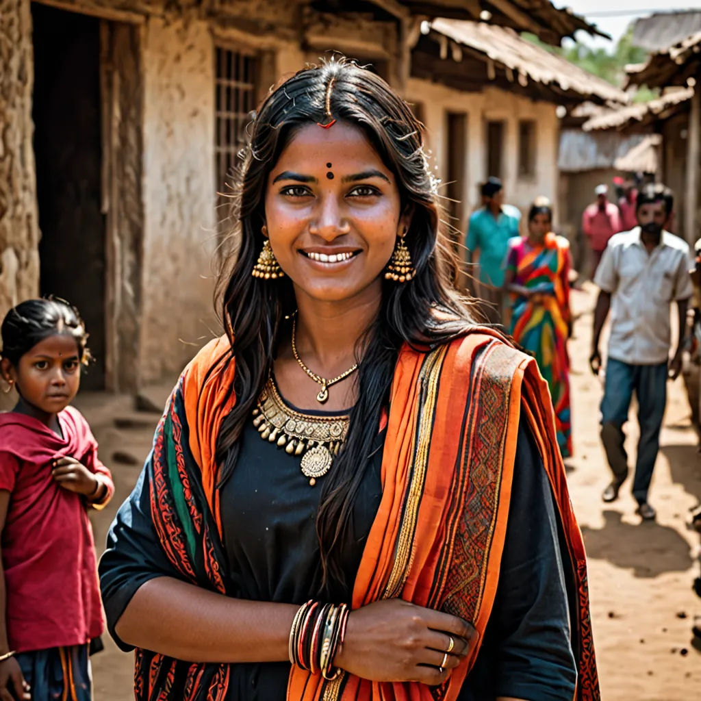 a woman in a colorful sari standing in front of a group of people on a dirt road in front of a building, samikshavad, a character portrait, Ella Guru, promotional image