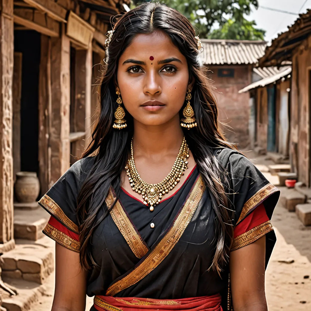 a woman in a black and red dress standing in a village with a wooden building in the background and a tree in the foreground, samikshavad, a character portrait, Ella Guru, promotional image