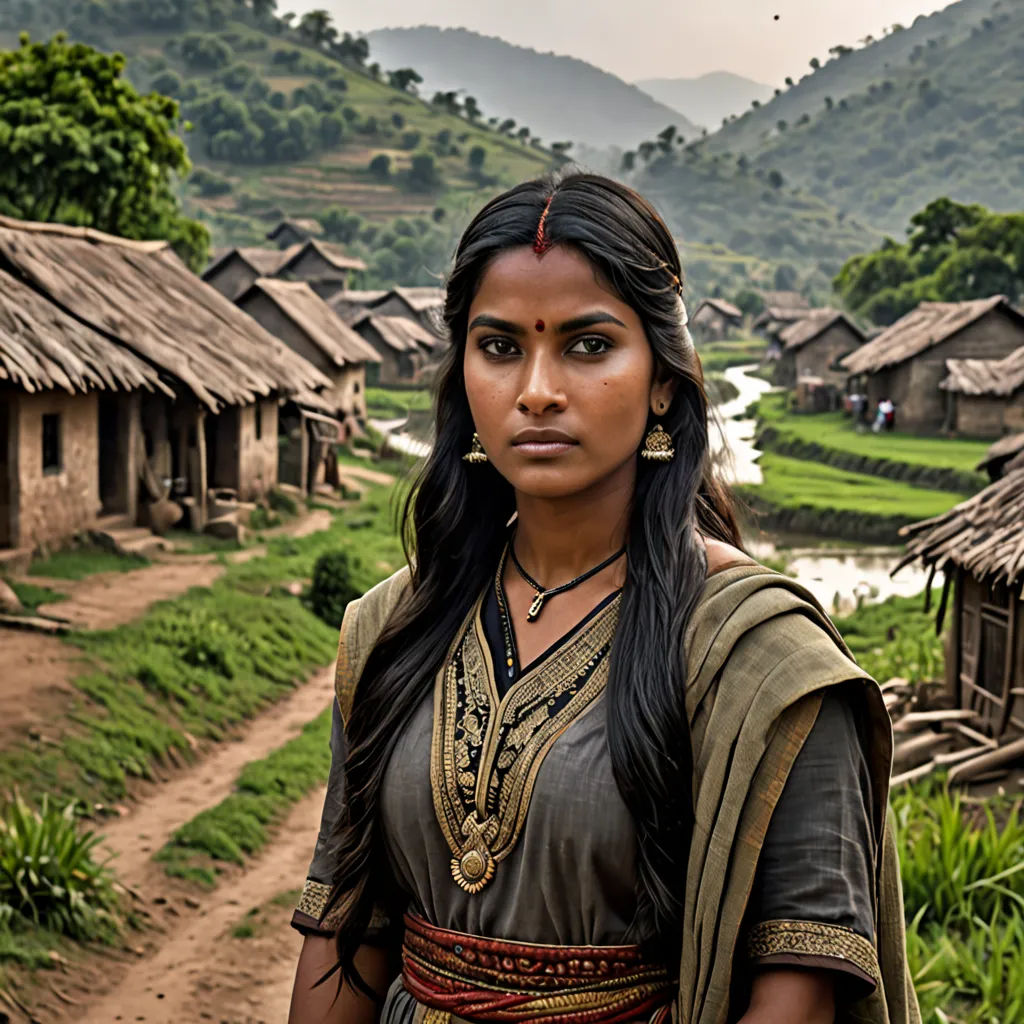 a woman in a village with a lot of houses in the background and a river running through the middle, samikshavad, a detailed matte painting, Ella Guru, promotional image
