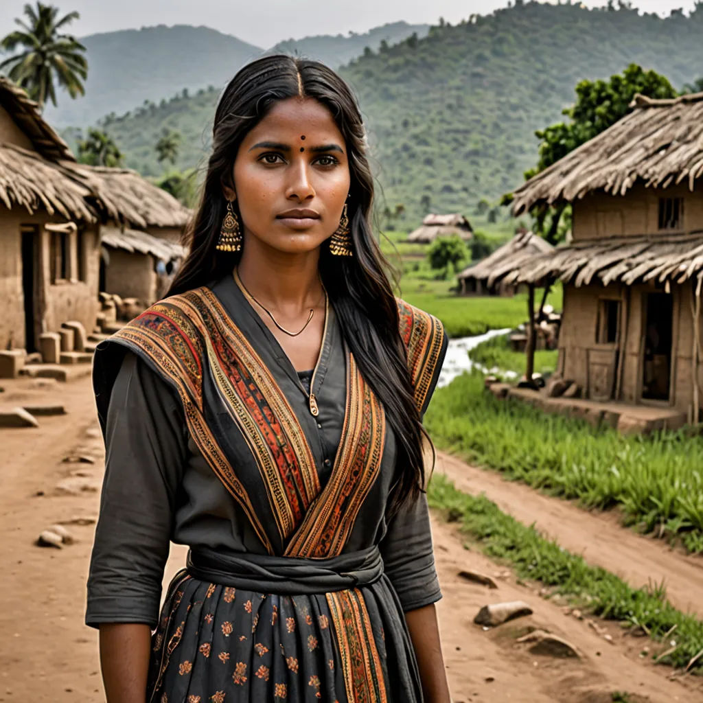 a woman standing in front of a village with a dirt road and grass fields in the background and a mountain range in the distance, samikshavad, a character portrait, Ella Guru, promotional image