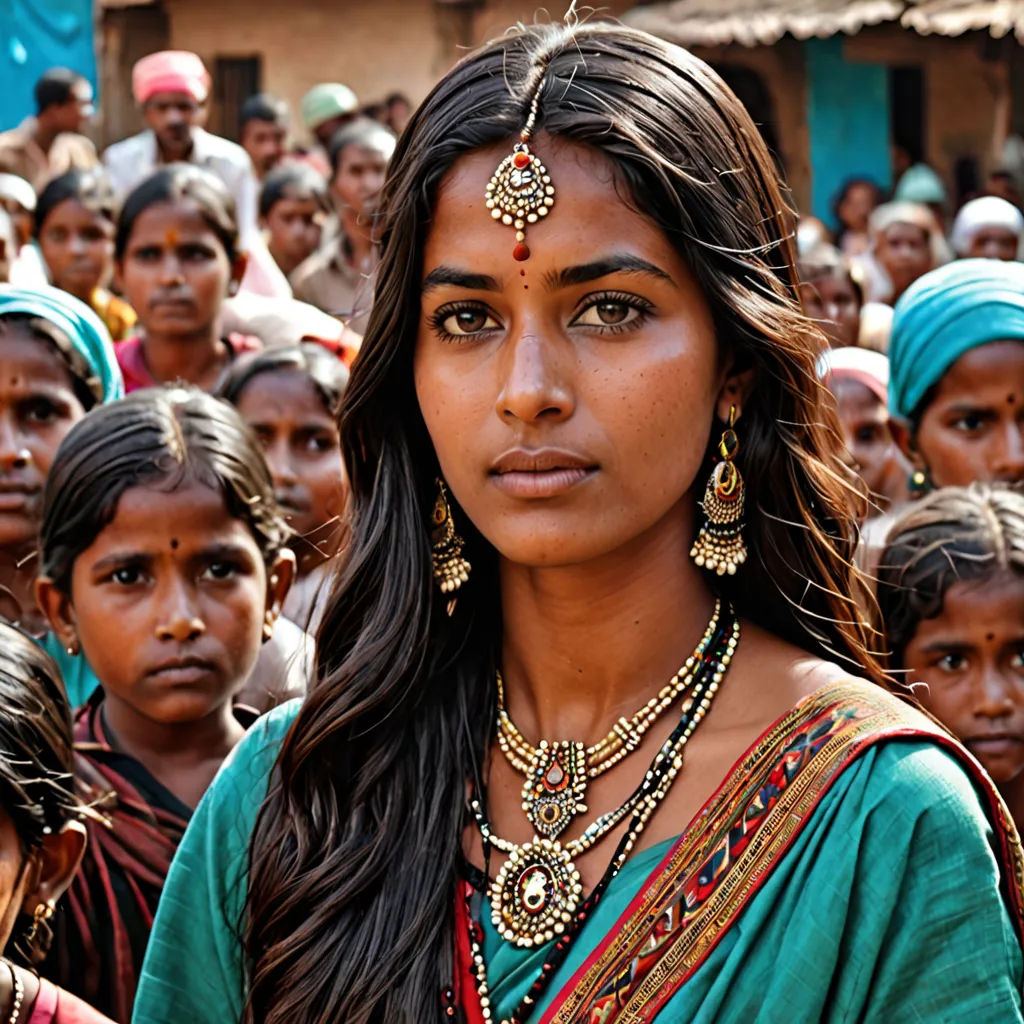 a woman in a green dress standing in front of a crowd of people wearing jewelry and headdress, samikshavad, a portrait, Ella Guru, promotional image