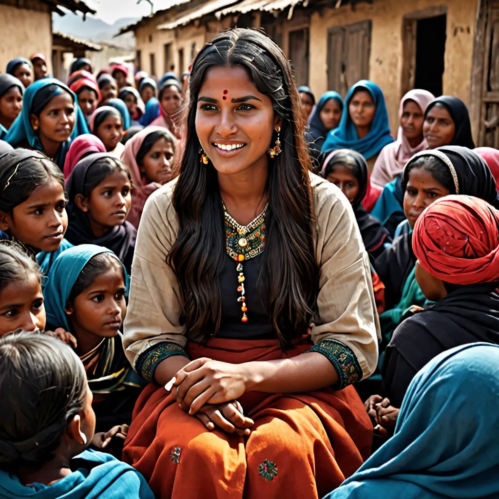 a woman sitting in front of a group of people in a village with a smile on her face and a smile on her face, samikshavad, a character portrait, Ella Guru, promotional image