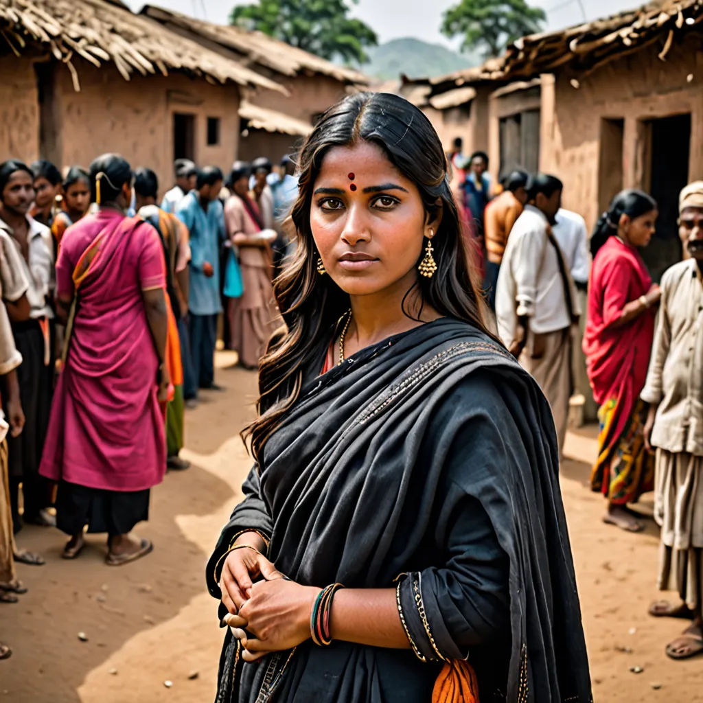 a woman in a black sari standing in front of a crowd of people in a village in india, samikshavad, a character portrait, Ella Guru, promotional image