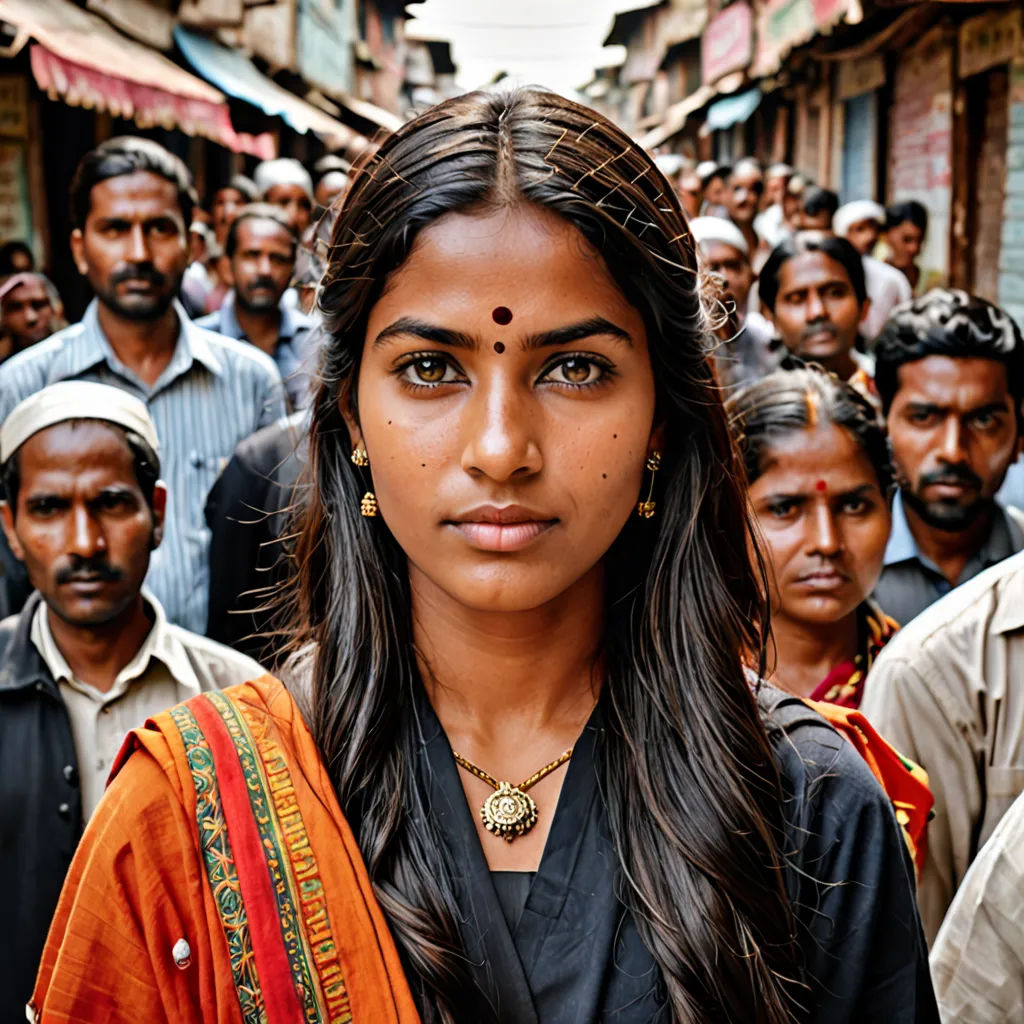 a woman in a crowd of people in india, looking at the camera, with a serious look on her face, bengal school of art, a portrait, Charles Angrand, award-winning photograph