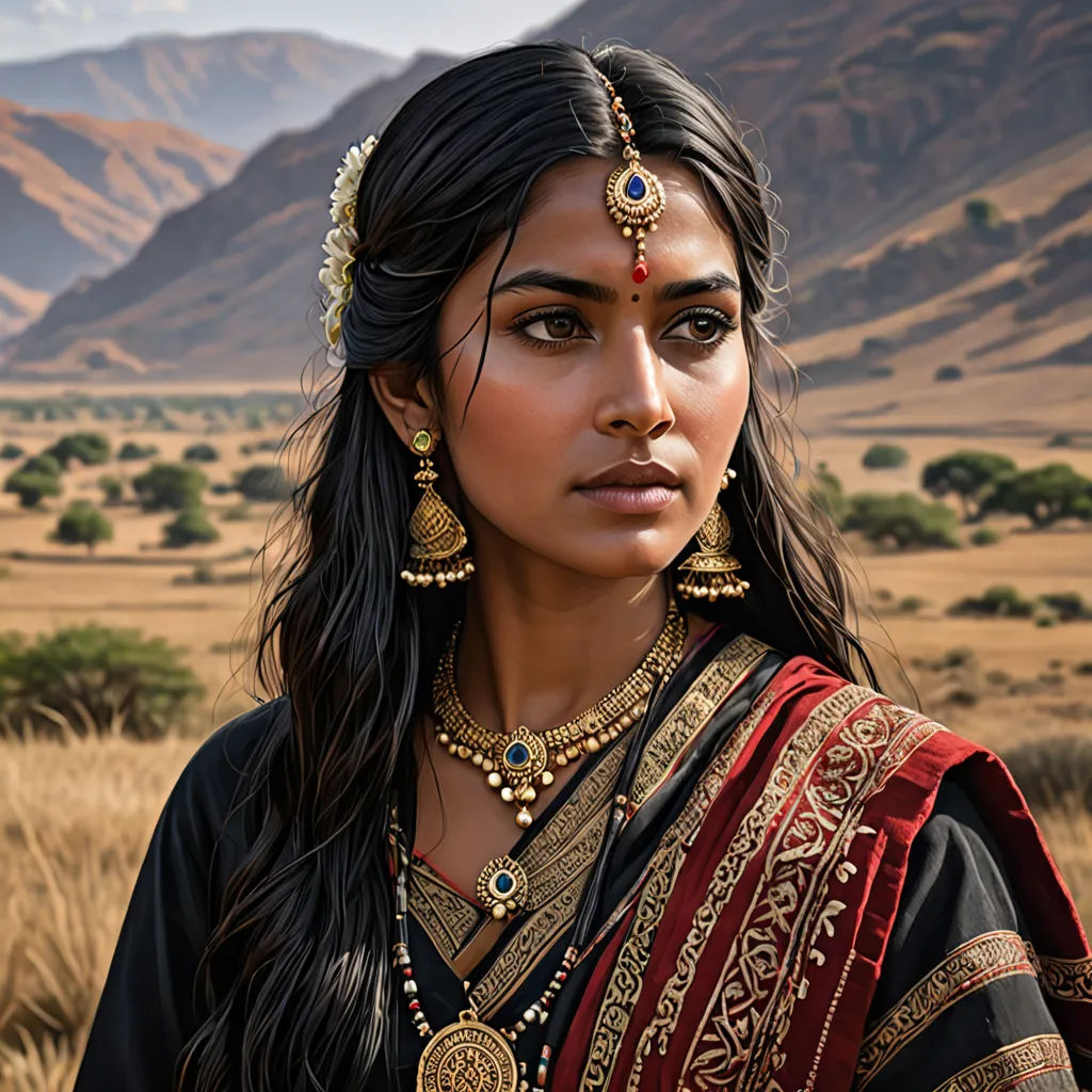 a woman in a black and red outfit with a mountain background in the background and a valley in the foreground, samikshavad, a photorealistic painting, Ella Guru, cinematic photography