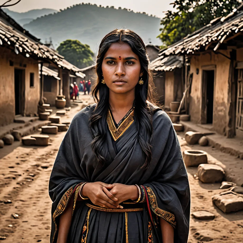 a woman in a village with a mountain in the background and a village in the foreground with a few people walking around, samikshavad, a character portrait, Ella Guru, promotional image