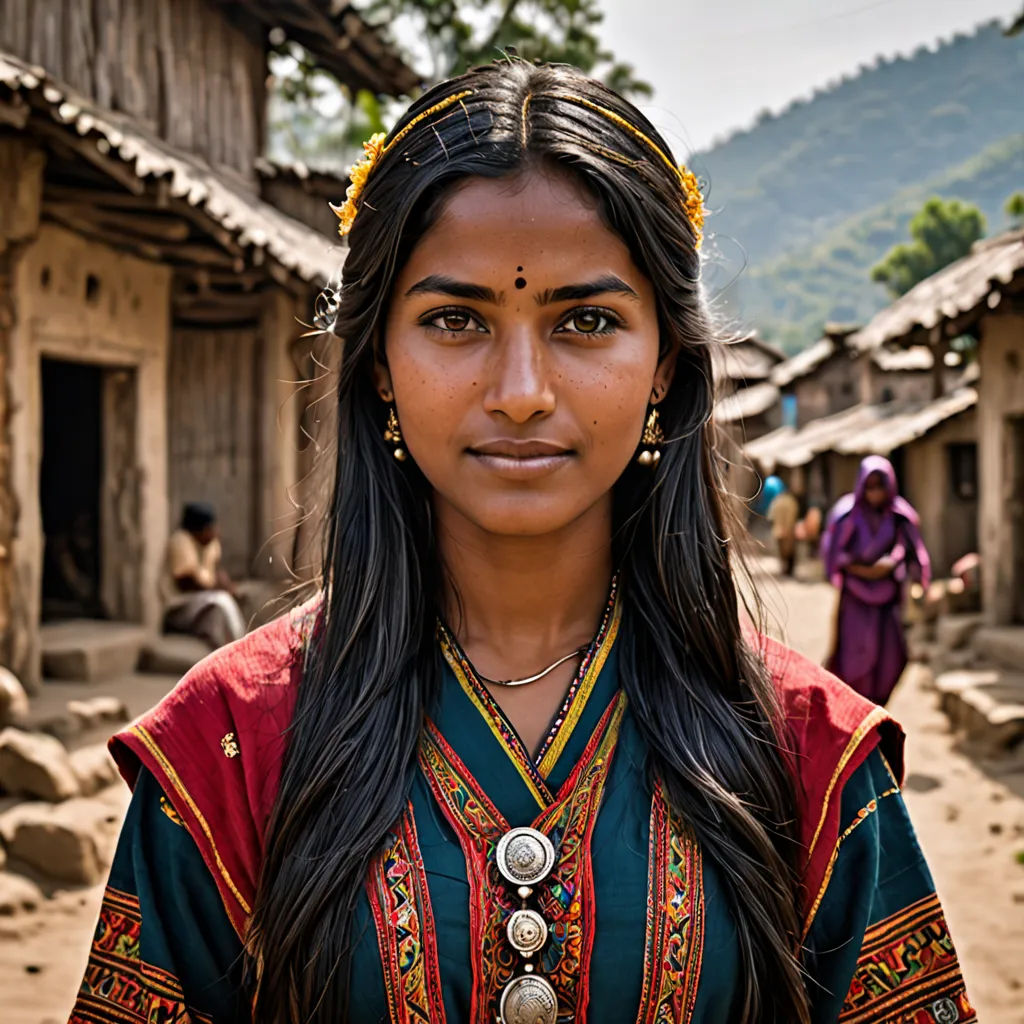 a woman in a colorful dress standing in front of a village with people and houses in the background,, samikshavad, a portrait, Ella Guru, portrait photography