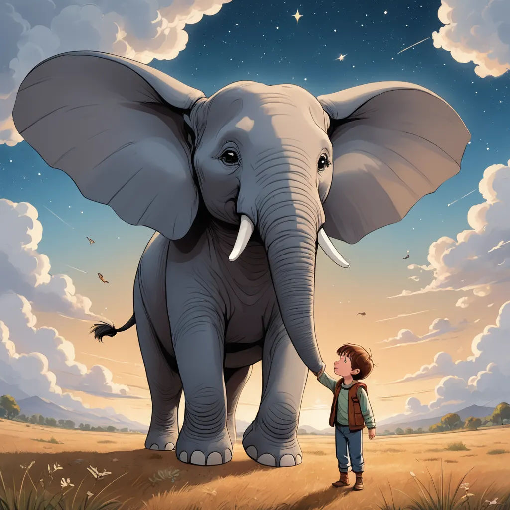 a boy standing next to an elephant in a field of grass and clouds with a sky full of stars, magical realism, a storybook illustration, Diego Gisbert Llorens, storybook illustration
