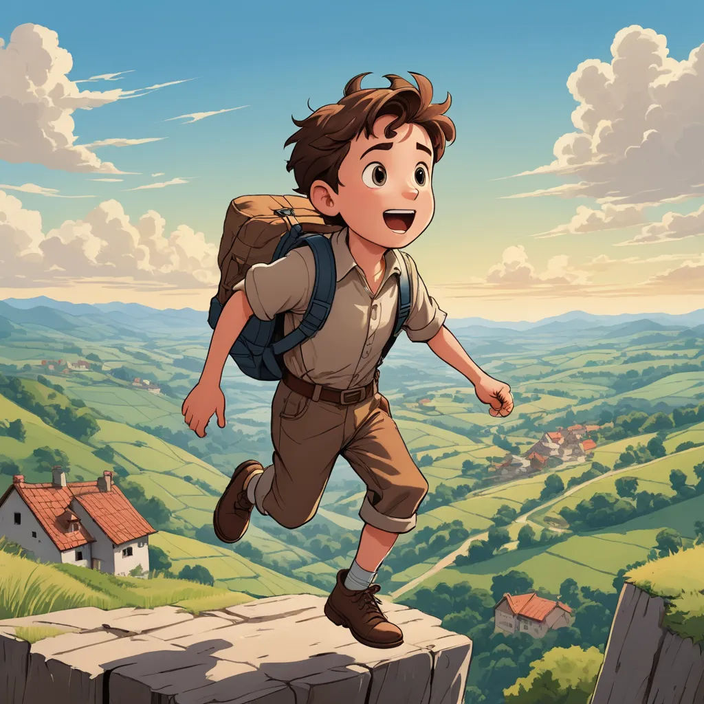a boy is jumping over a cliff into the air with a backpack on his back and a house in the background, fantasy art, a detailed matte painting, Cliff Childs, ghibli