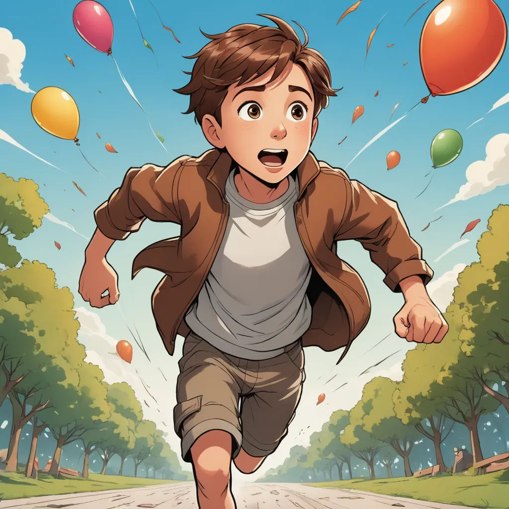a boy running down a road with balloons flying above him and a sky full of balloons behind him,, magical realism, a comic book panel, Cedric Seaut (Keos Masons), comic cover art