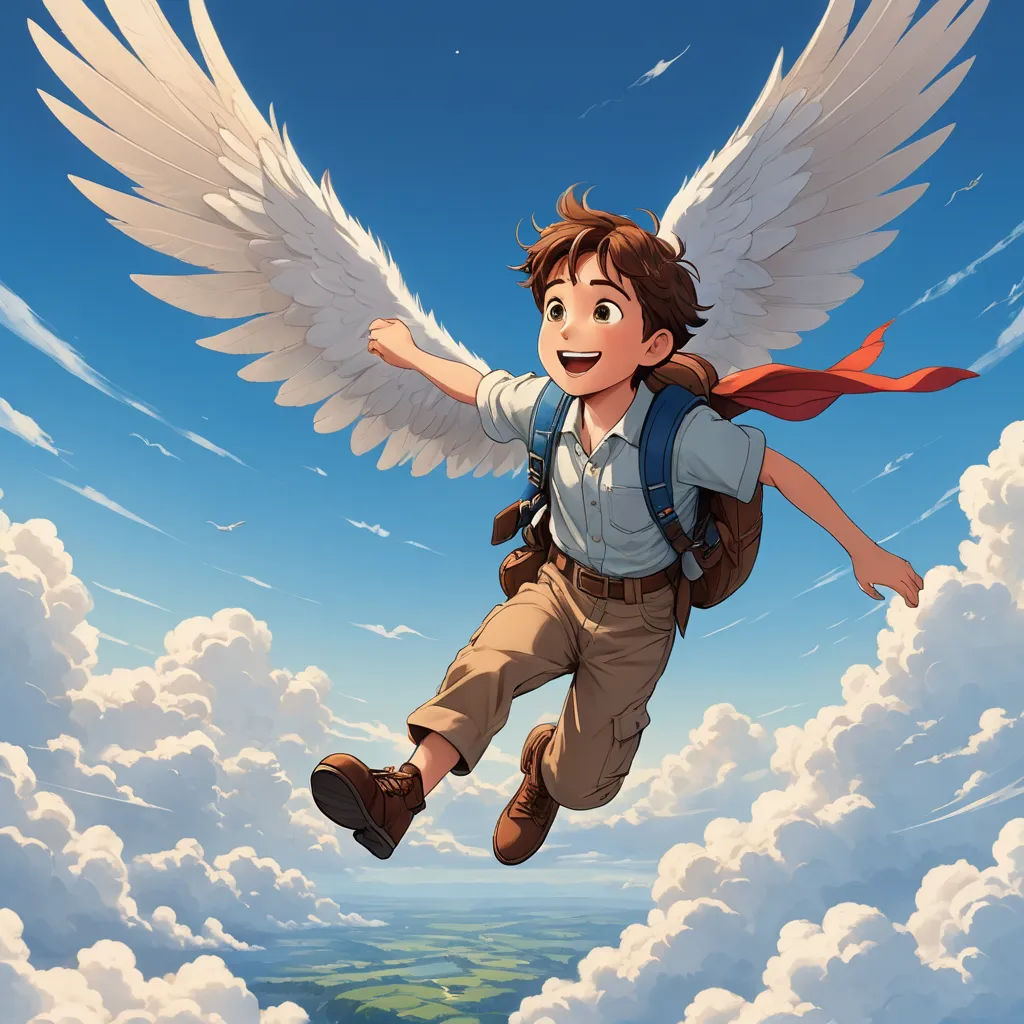 a boy flying through the air with a large white angel wings above him and a blue sky with clouds, fantasy art, a detailed matte painting, Aaron Jasinski, yukito kishiro