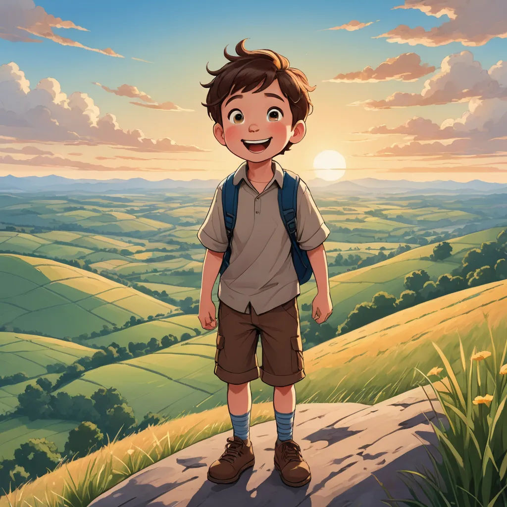 a boy standing on a hill with a backpack on his back and a sunset in the background with clouds, dau-al-set, a character portrait, Akira Toriyama, yukito kishiro
