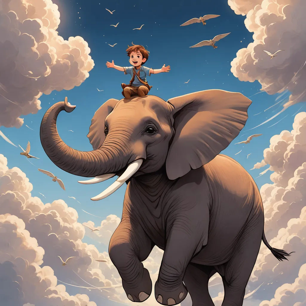 a boy riding on the back of an elephant in the sky with birds flying around him and a bird flying above him, magical realism, a storybook illustration, Chris LaBrooy, storybook illustration