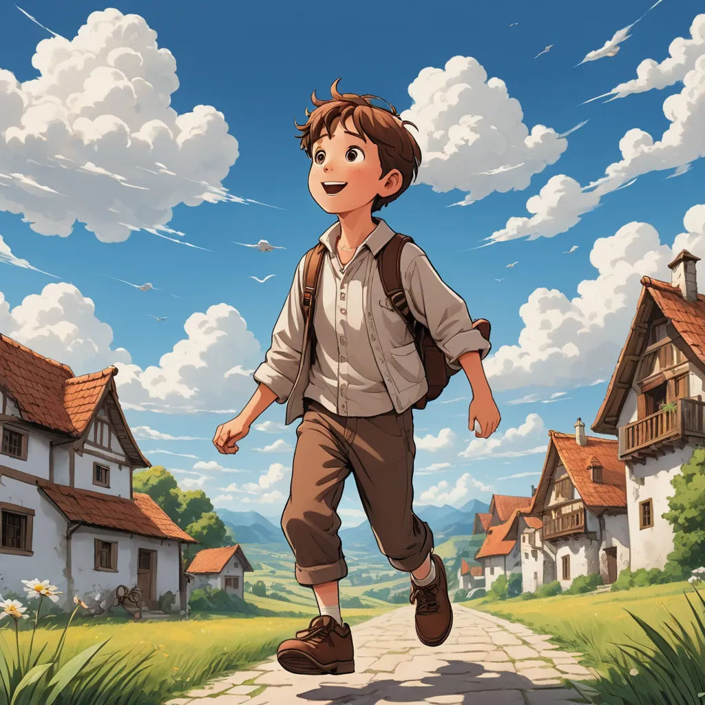 a boy is walking down a path in front of a house with a sky background and clouds in the sky, fantasy art, a storybook illustration, Brothers Hildebrandt, official art