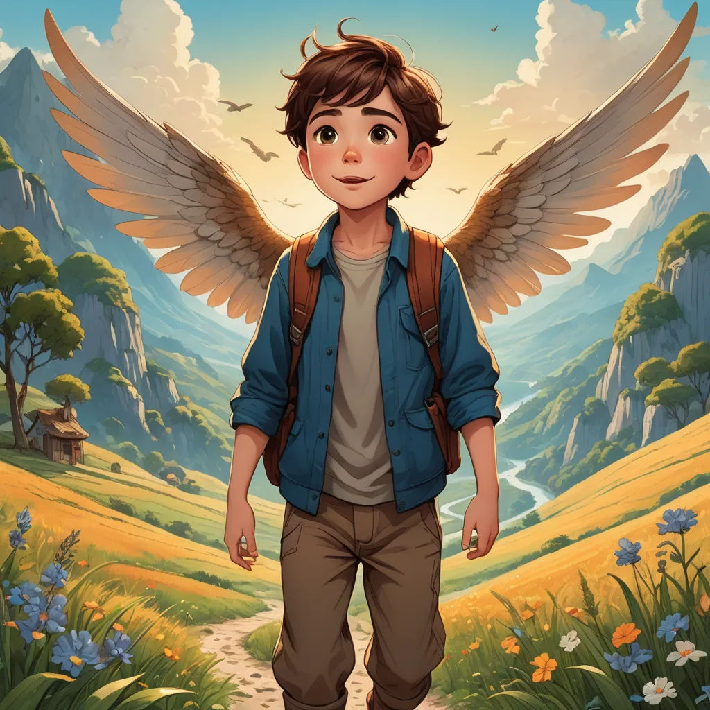 a boy with wings standing in a field with mountains in the background and a valley in the background with flowers, fantasy art, a storybook illustration, Aaron Jasinski, rossdraws global illumination