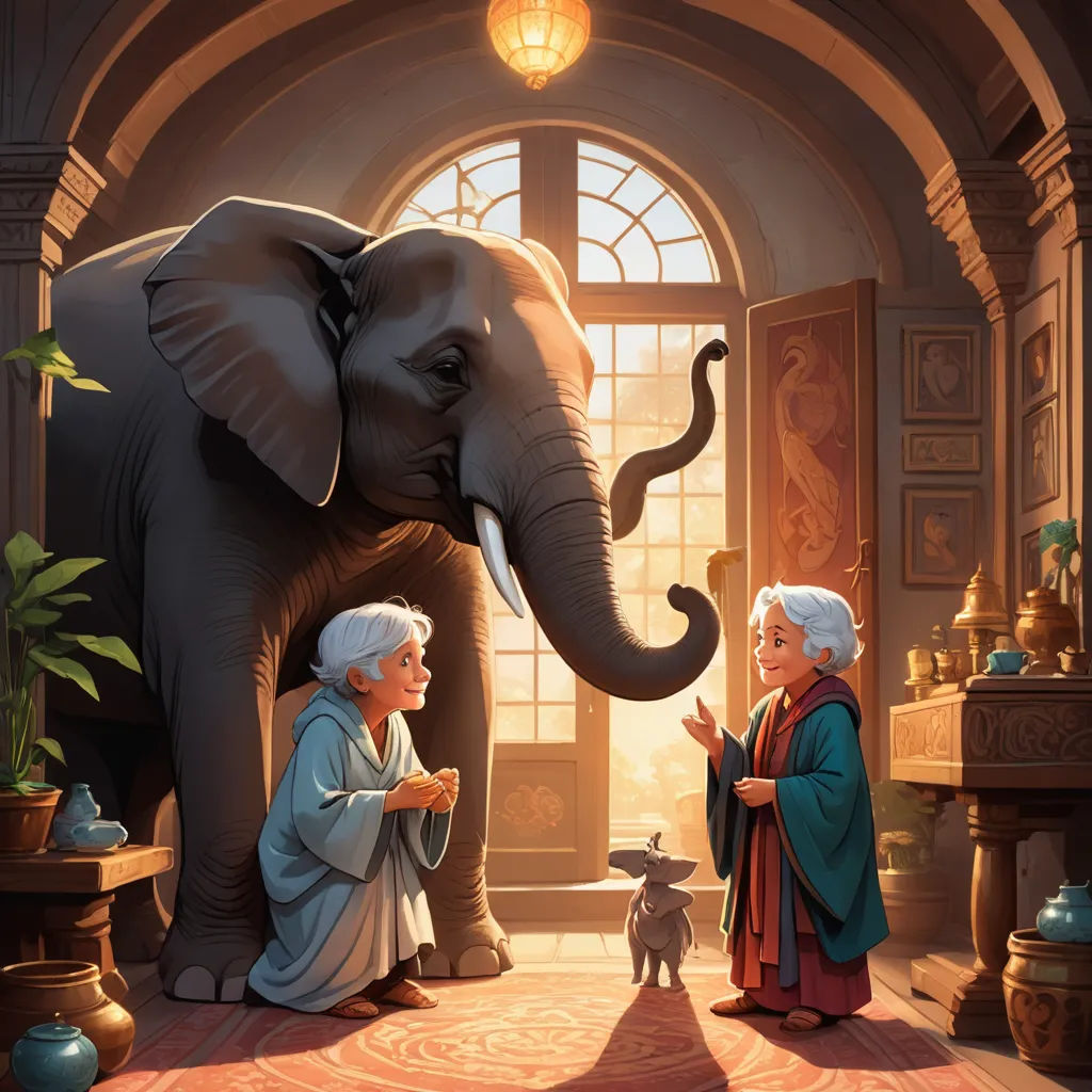 a painting of a woman and an elephant in a room with a man and a dog standing next to it, magic realism, a storybook illustration, Chris LaBrooy, official art