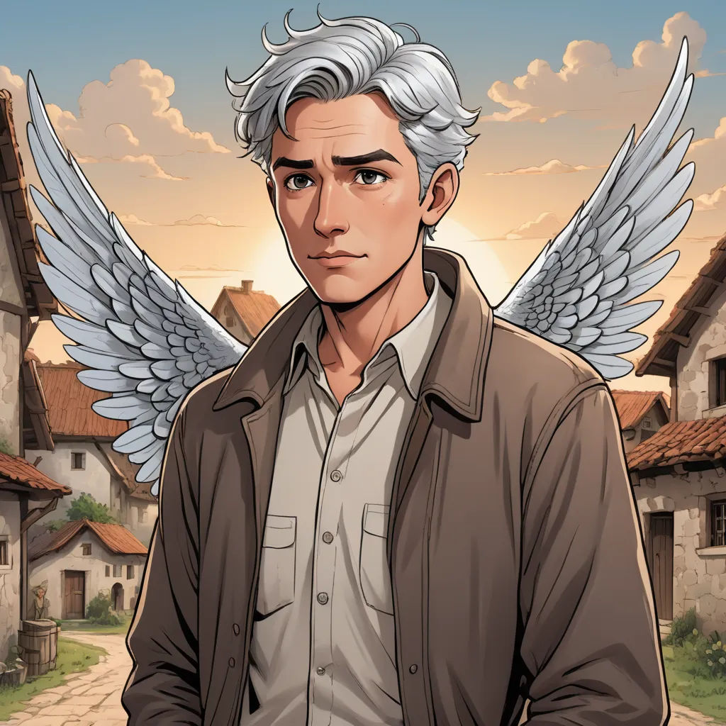 a man with white hair and a brown jacket is standing in front of a street with houses and a sky background, serial art, a character portrait, Cedric Seaut (Keos Masons), official art