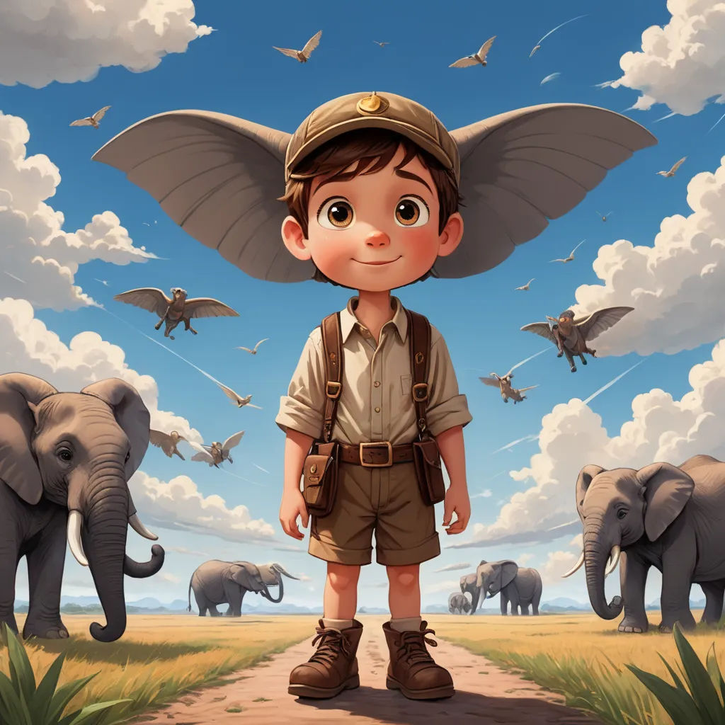 a boy in a safari outfit standing in front of elephants and birds in the sky with a sky background, fantastic realism, a storybook illustration, Cliff Childs, rossdraws global illumination