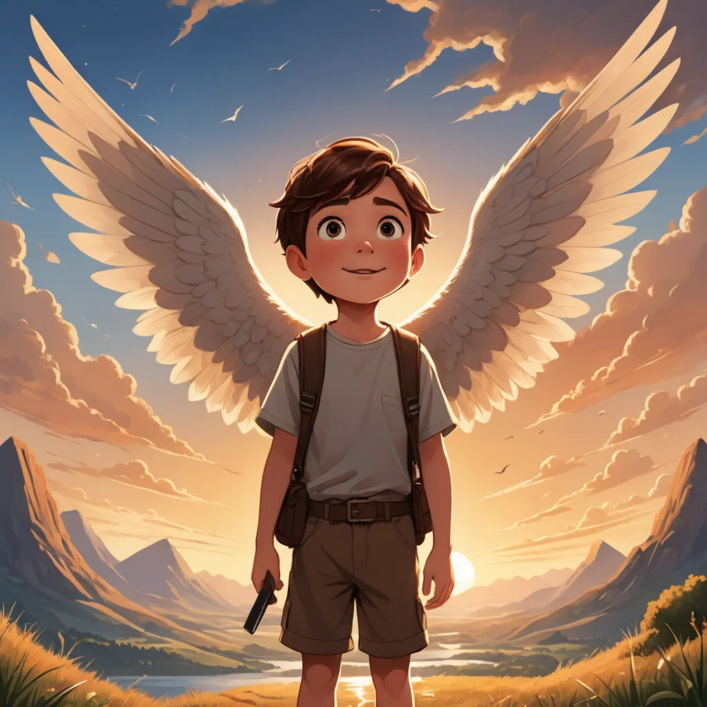 a boy with a backpack and a gun standing in front of a sunset with an angel wings above him, fantasy art, poster art, Aaron Jasinski, rossdraws global illumination