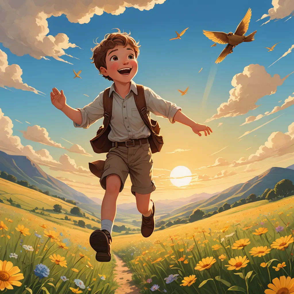 a boy is running through a field with a bird flying overhead in the sky above him and a bird flying above him, altermodern, a storybook illustration, Aaron Jasinski, official art
