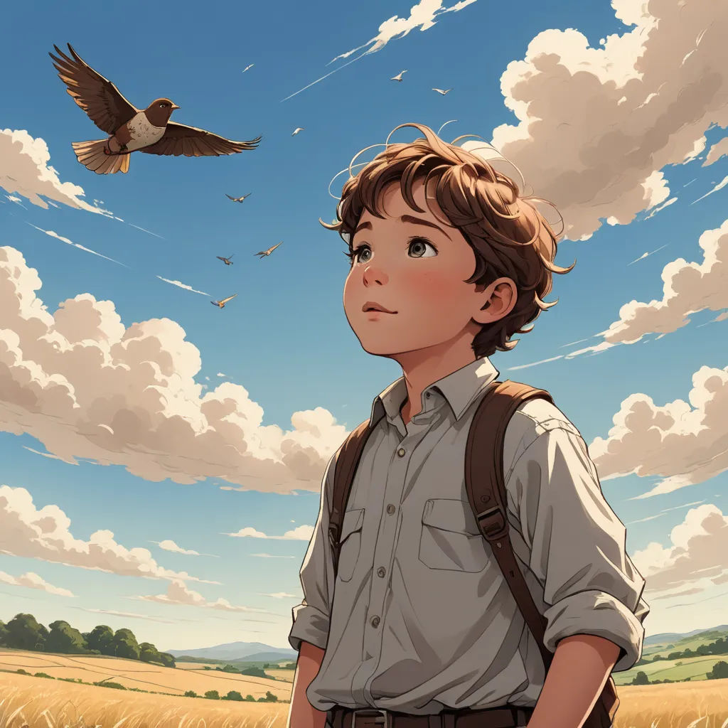 a boy with a backpack looking up at a bird flying overhead in the sky above him, with a wheatfield in the background, american scene painting, a storybook illustration, Atey Ghailan, cgstudio