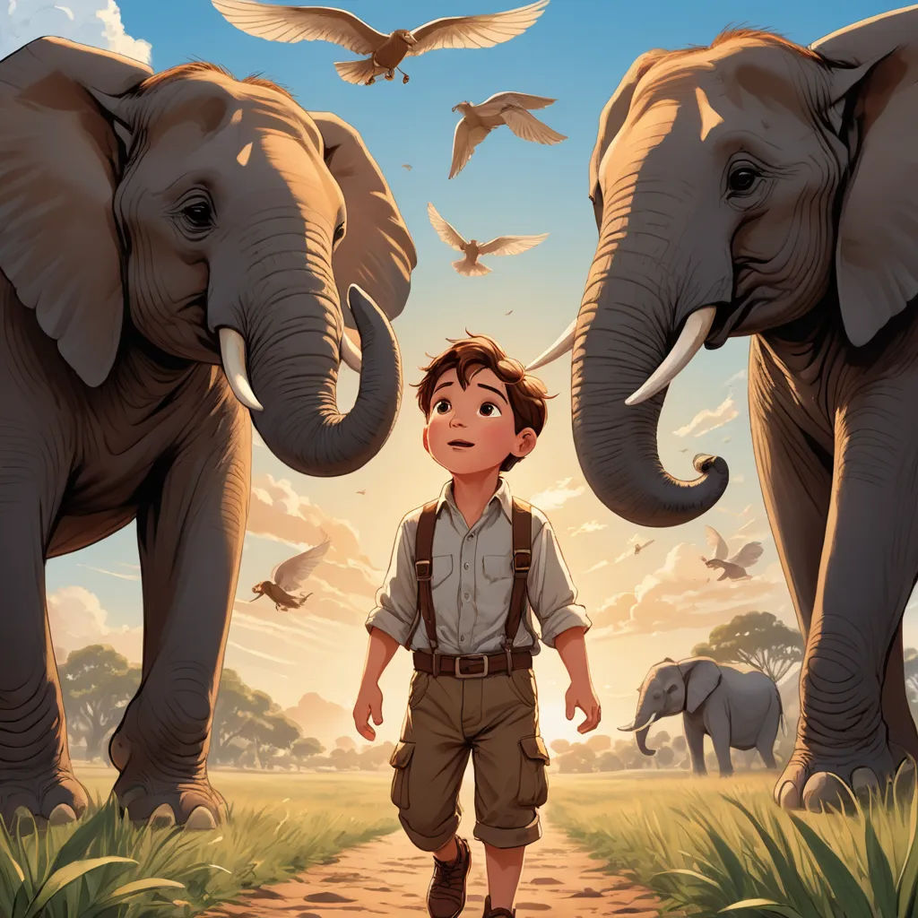 a boy is standing in front of two elephants and birds flying above him, with a bird flying above him, primitivism, a storybook illustration, Drew Struzan, official art