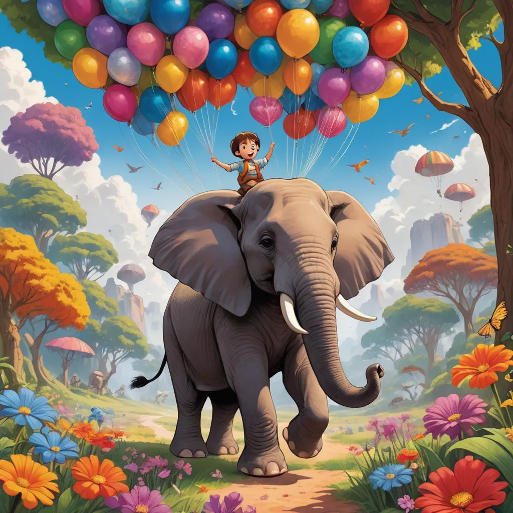 a girl riding on the back of an elephant with balloons floating above her head and a forest of flowers and trees, pop surrealism, a storybook illustration, Chris LaBrooy, promotional image
