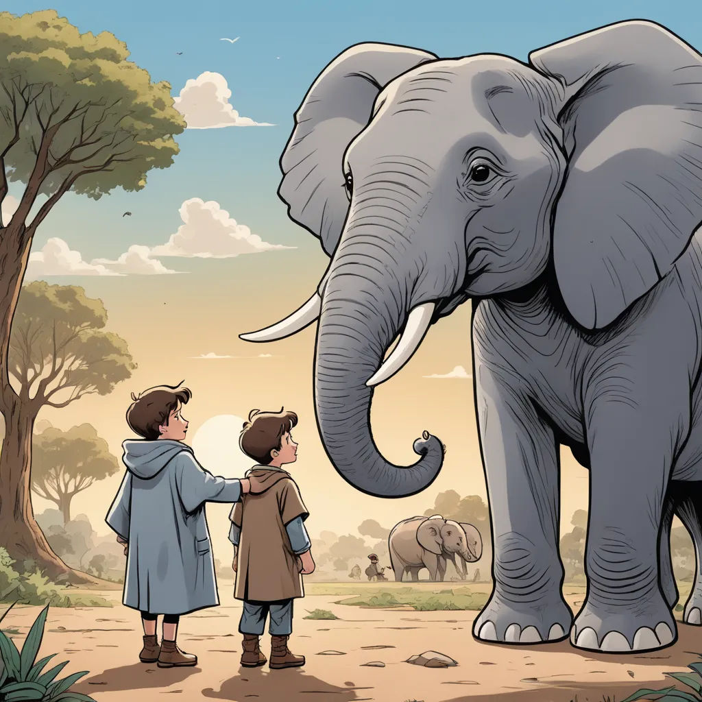 a boy and a boy are standing next to an elephant and a boy is pointing at it with his trunk, magical realism, a storybook illustration, Diego Gisbert Llorens, storybook illustration