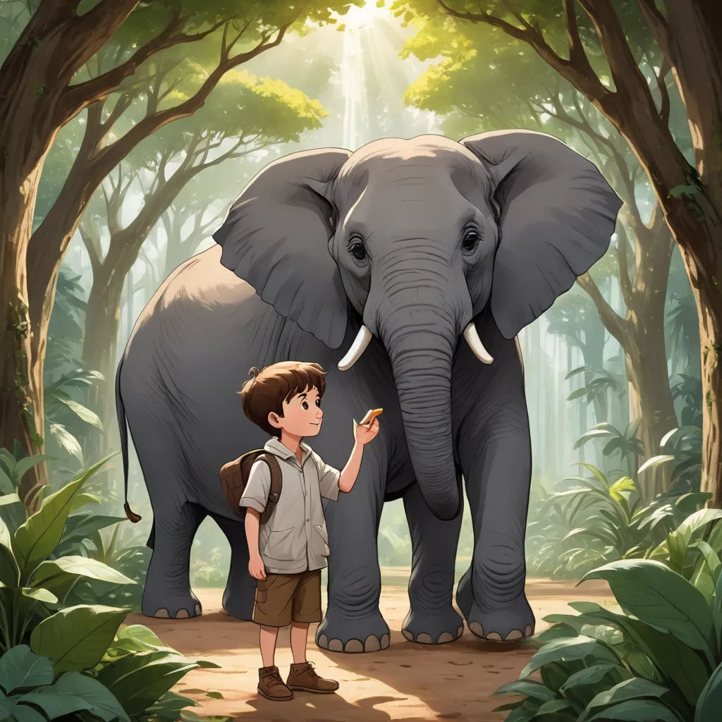 a boy standing in front of an elephant in a forest with trees and leaves on the ground and a light shining on the elephant, magical realism, a storybook illustration, Diego Gisbert Llorens, promotional image