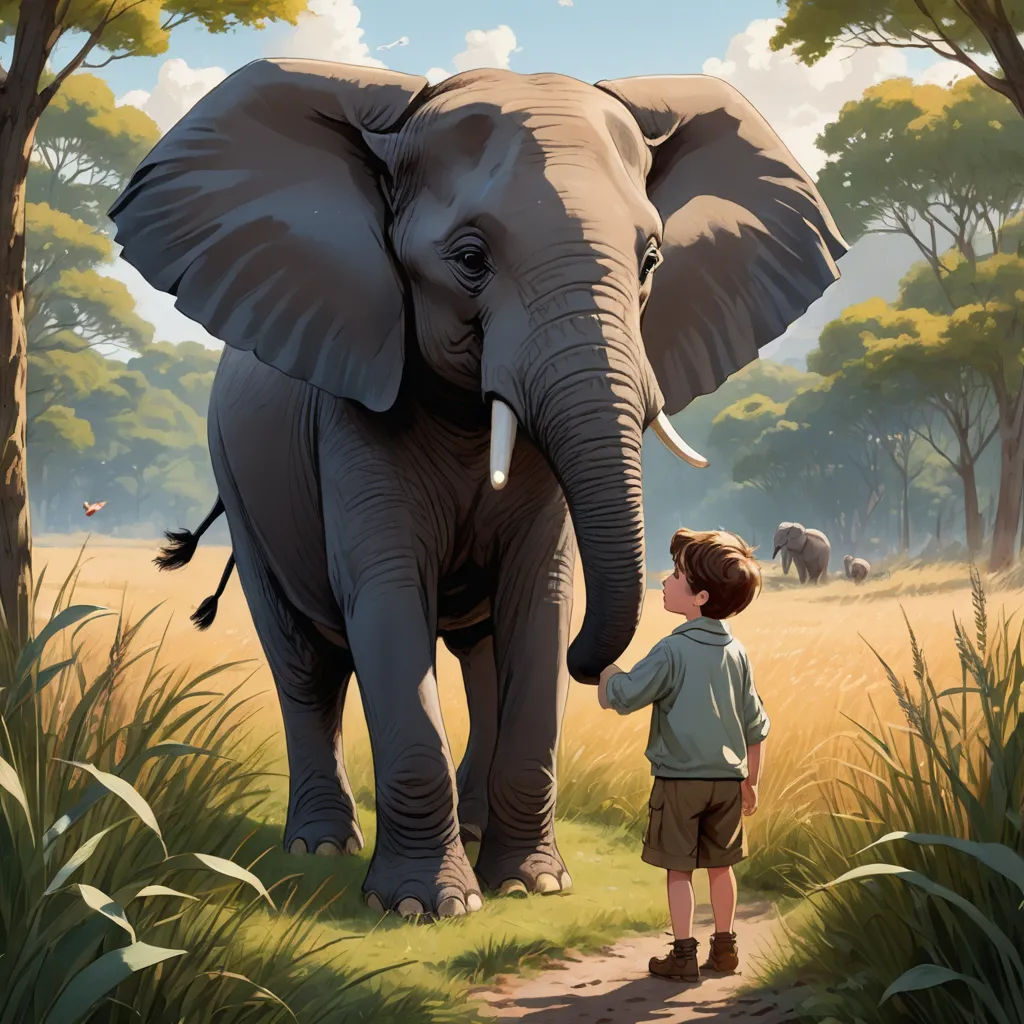 a boy standing next to an elephant in a field of grass and trees with other elephants in the background, magical realism, a storybook illustration, Chris LaBrooy, highly detailed digital painting