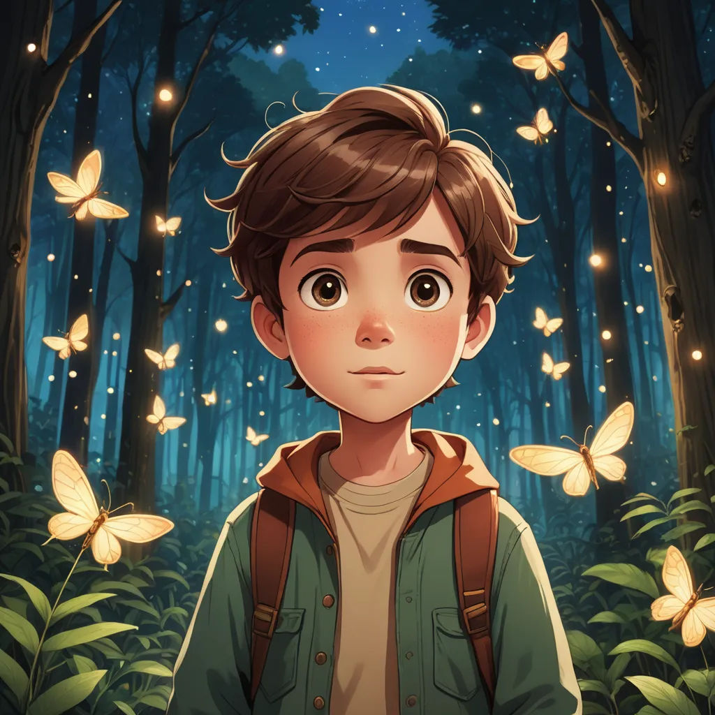 a boy in a forest with butterflies around him and a forest background with a boy in a jacket and a forest full of butterflies, magical realism, a storybook illustration, Diego Gisbert Llorens, fireflies