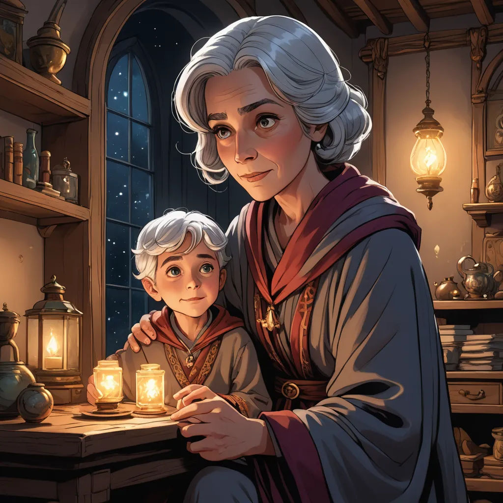 a woman and a child are sitting in front of a window with a candle in their hands and a light in their hand, fantasy art, a storybook illustration, Diego Gisbert Llorens, storybook illustration