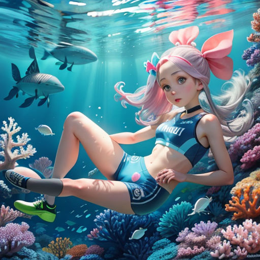 a girl in a bikini swims under the water with dolphins and other marine creatures around her, in a underwater scene