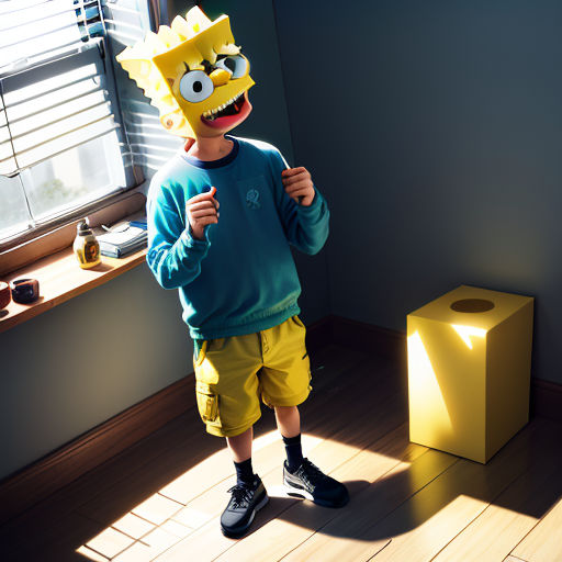 a kid in a simpsons costume standing in a room with a yellow box and a window behind him and a yellow box