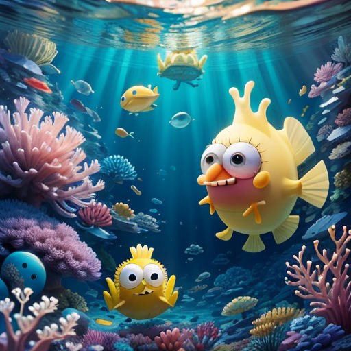 a fish and a fish in the ocean with a lot of corals and other fish around it, with a sunbeam in the background
