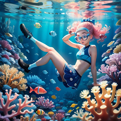 a girl in a bikini swims in the ocean surrounded by corals and fish, with a scuba mask on