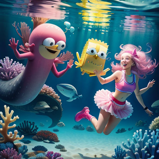 a girl is swimming in the ocean with a pink fish and a pink bird in her hand and a pink fish in her other hand