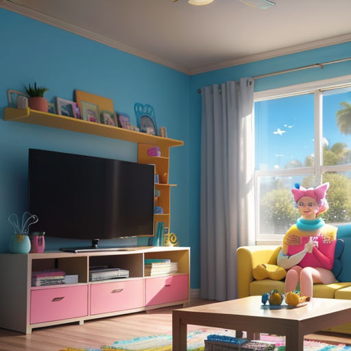a living room with a couch, television and a table in it with a cat on it and a window