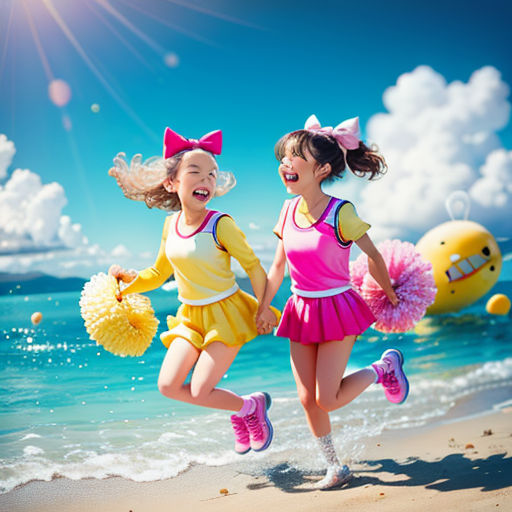 two girls running on the beach with cheerleader pom poms in their hands and smiling at the camera