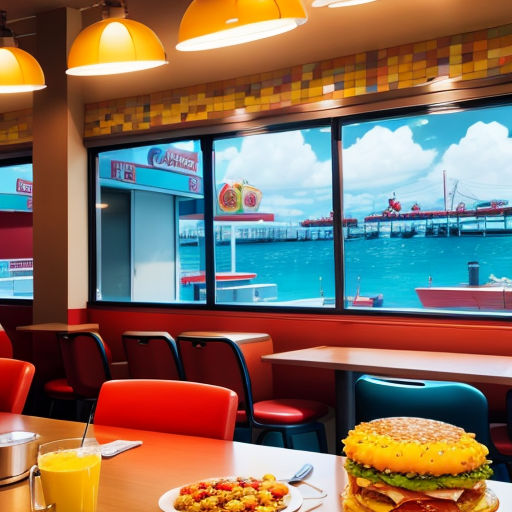 a restaurant with a large window and a large sandwich on a plate with a side of fruit and a cup of juice