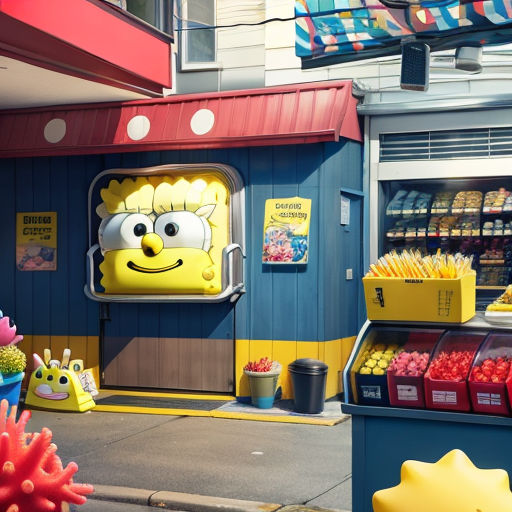 a store with a spongebob character on the front of it's storefront window and a bunch of fruit