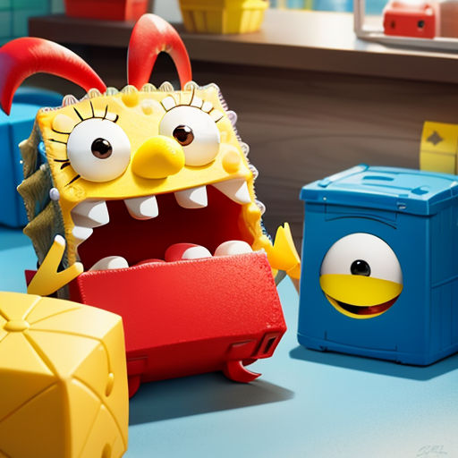 a toy with a face and mouth is next to a box with a face on it and another toy with a face
