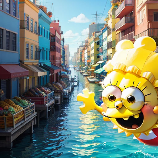 a cartoon character floating in the water near a city street with buildings and a boat in the background,