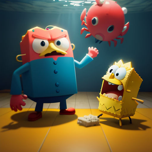 a cartoon character is standing next to a spongebob character in a room with a light on and a spongebob is standing next to him