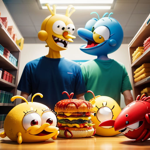 a couple of people standing next to each other near a hamburger and fish sculptures in a store aisle with shelves