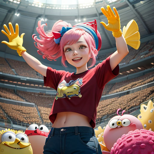 a girl with pink hair and a red shirt is standing in front of a group of cartoon characters in a stadium