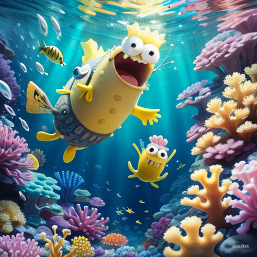a cartoon fish with a crown on its head swimming in the ocean with other fish around it and a spongebob character