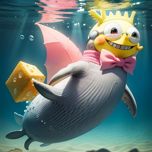 a cartoon character riding on a whale under water with a crown on its head and a block of cheese in his hand