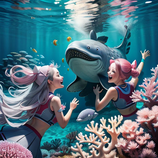 two mermaids are playing with a dolphin under the water with corals and corals on the bottom